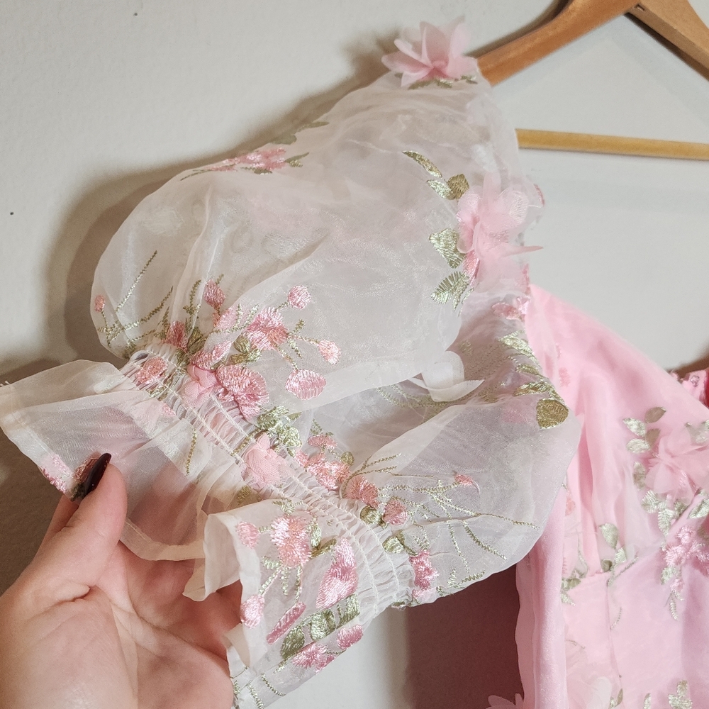 Sugar Thrillz 3D Floral Pink Green Puff Sleeve Mini Dress Size 1X Fairy Coquette - Picture 3 of 16